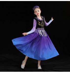 Girls kids children Xinjiang dance dresses purple red gradient minority Uyghur performance costume children's national Guli dance dresses ethnic dance costumes